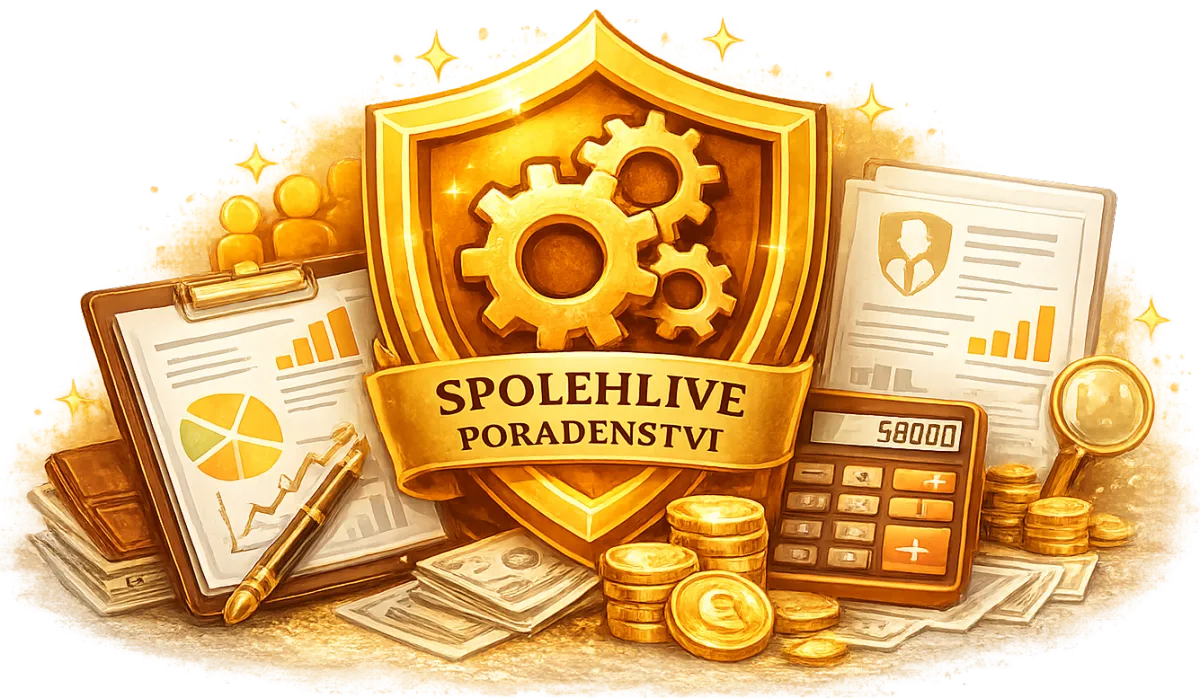 Symbol podminek spoluprace – zlaty stit s ozubenymi koly znazornujici system, stabilitu a spolehlive financni poradenstvi