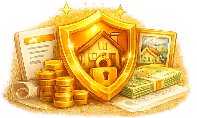Zlatá ilustrace hypotéky s domem ve štítu a mincemi – financování bydlení a hypoteční poradenství LK Finance Litvínov