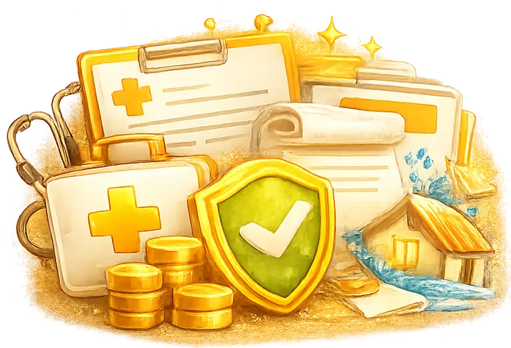 Zlatá ilustrace ochrany příjmu se zdravotním symbolem a štítem – životní pojištění a finanční jistota rodiny LK Finance