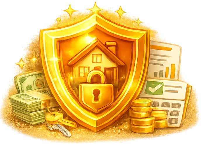 Zlatá ilustrace pojištění domu a domácnosti se štítem a mincemi – ochrana majetku a nemovitosti LK Finance