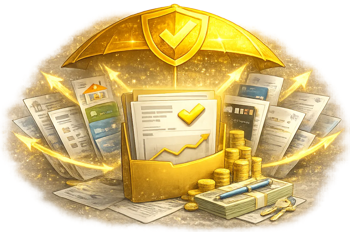 Ilustrace znázorňující více menších úvěrů a kreditní kartu směřující do jednoho řešení – symbol konsolidace půjček a snížení měsíčního zatížení v Litvínově a Ústeckém kraji.