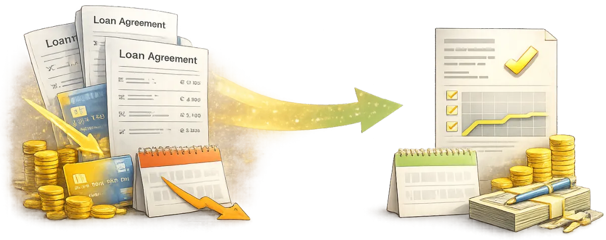 Symbol spojení tří úvěrů a kreditní karty do jedné splátky – příklad konsolidace půjček a snížení měsíční finanční zátěže.