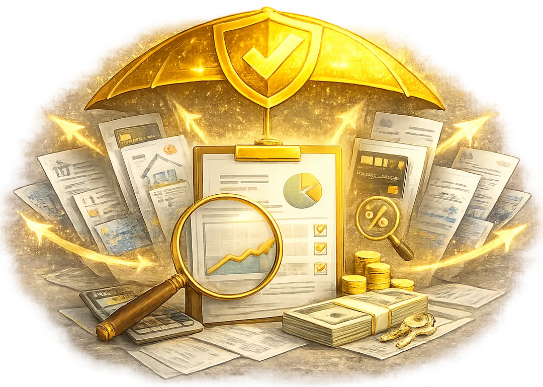 Finanční analýza všech závazků před konsolidací – dokumenty, grafy a výpočty znázorňující kontrolu úroků, RPSN a celkové finanční stability domácnosti.