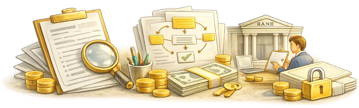 Vizuální znázornění procesu konsolidace půjček krok za krokem – od analýzy závazků až po sloučení úvěrů do jedné splátky.