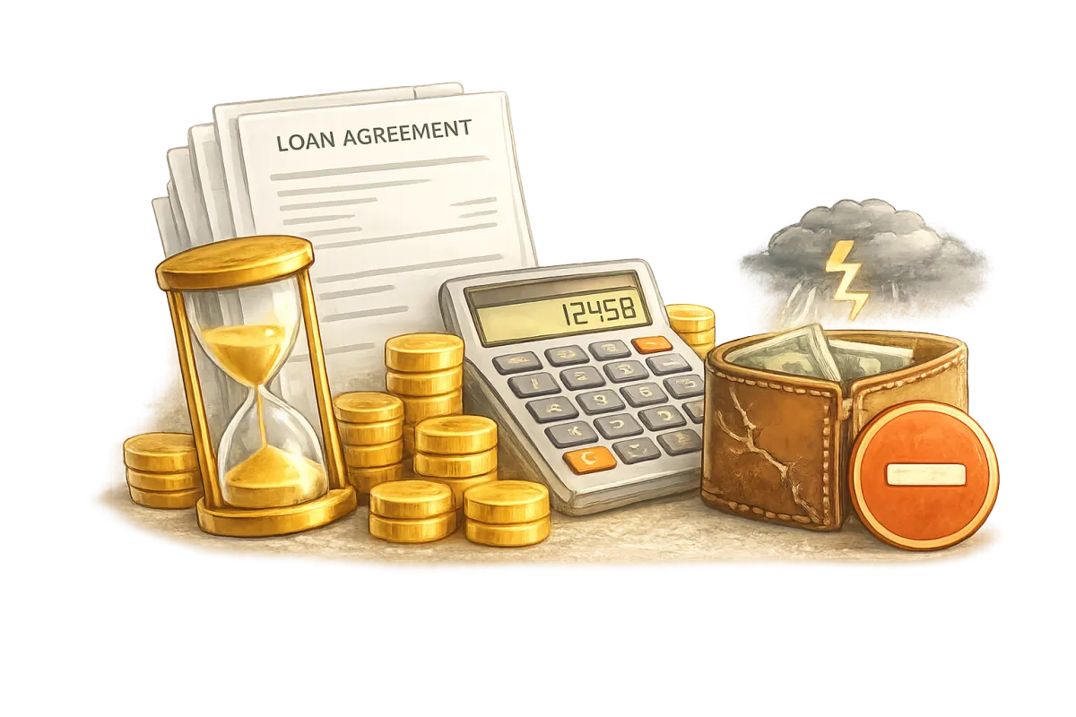 Ilustrace upozorňující na rizika nevhodné konsolidace – prodloužení splácení, vyšší celkové náklady a nestabilní příjem.