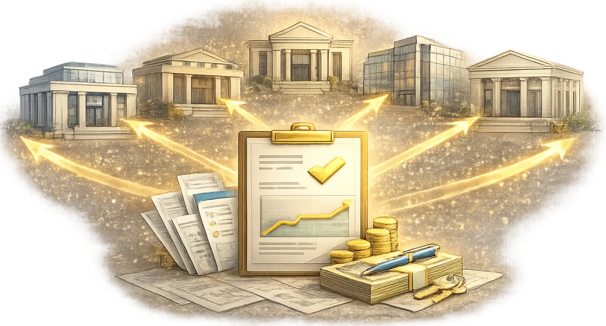 Ilustrace více bankovních institucí směřujících k jednomu řešení – výběr nejvhodnější konsolidace úvěrů podle individuální situace klienta.