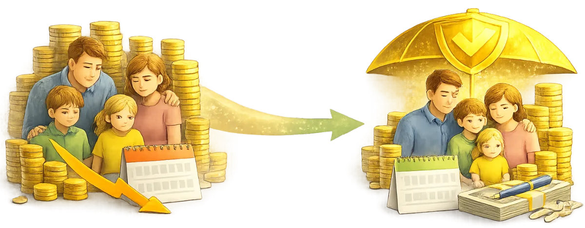 Ilustrace stabilizace rodinného rozpočtu po úpravě splatnosti a struktury úvěru – snížení měsíční splátky pomocí konsolidace.