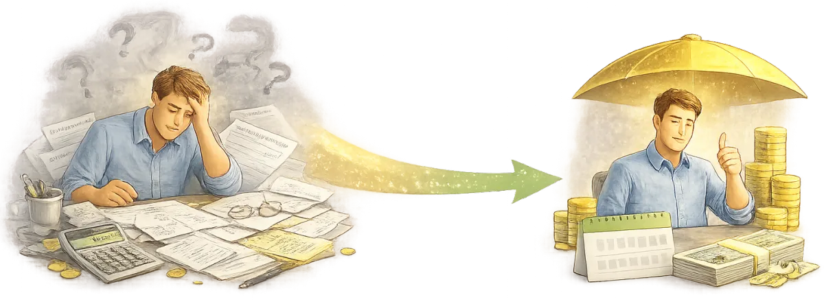 Symbol přechodu od finančního chaosu k přehledu a kontrole – strukturování závazků před konsolidací úvěrů.