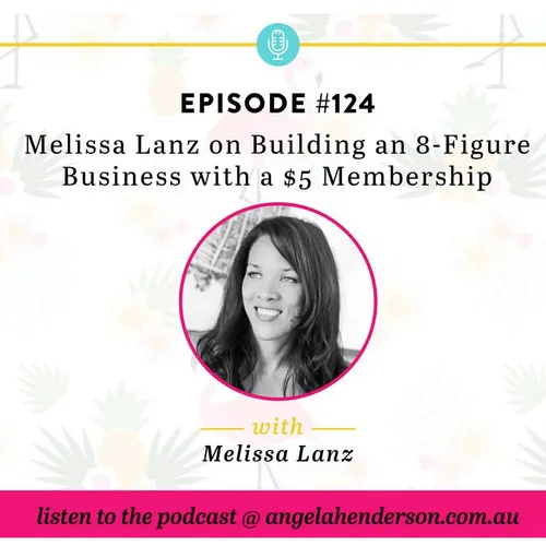 A promotional graphic for a podcast episode featuring Melissa Lanz. The graphic includes the title 'Episode #124' and the text 'Melissa Lanz on Building an 8-Figure Business with a $5 Membership.' A black-and-white photo of Melissa Lanz is in the center, framed by a pink circle. The bottom of the graphic reads 'with Melissa Lanz' and includes a banner that says 'listen to the podcast @ angelahenderson.com.au.' The background has light illustrations of tropical leaves and flamingos.