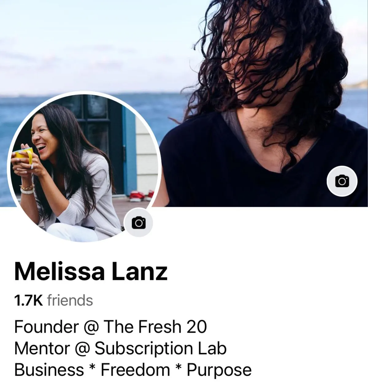 A social media profile of Melissa Lanz, showing a cover photo of a person with wind-blown hair standing by the sea, and a profile picture of Melissa Lanz laughing and holding a cup. The profile information lists 1.7K friends and describes her as the Founder of The Fresh 20 and Mentor at Subscription Lab, with the tagline 'Business * Freedom * Purpose'.