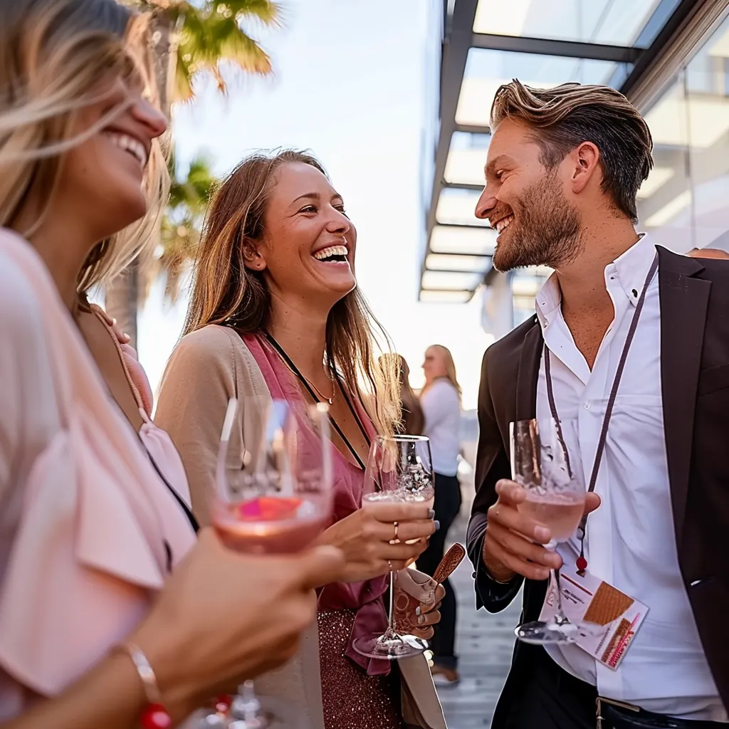 Professionals mingling at an outdoor corporate event, smiling and holding glasses of rosé and sparkling wine.