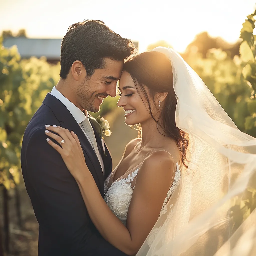 Bride and groom smiling with foreheads touching at sunset, outdoors in vineyard with soft golden light.