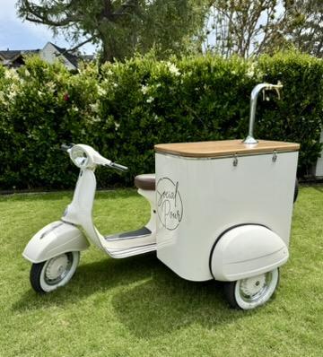 Social Pour Vespa sidecar mobile bar setup included with every Los Angeles and Orange County event booking