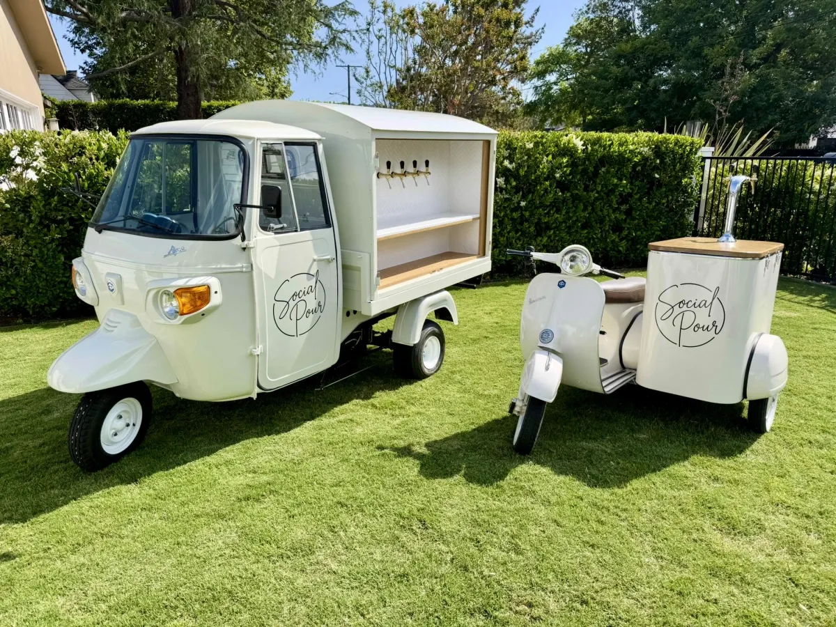 Social Pour Ultimate Pour package featuring both Piaggio Ape tap truck and Vespa sidecar mobile bars for Los Angeles weddings and corporate events