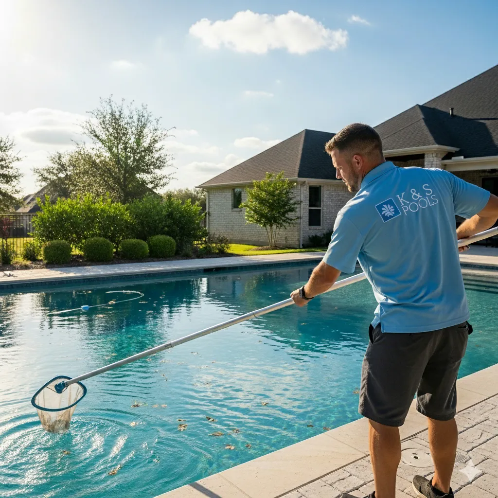 K&S Pool service tech skimming a pool in north Dallas