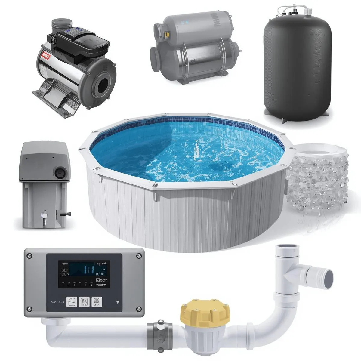 Infographic illustration of pool equipment including pump, filter, heater, salt system, timer controls, and PVC pipes, representing repair services for pools in Prosper, Frisco, McKinney, Celina, and North Dallas.