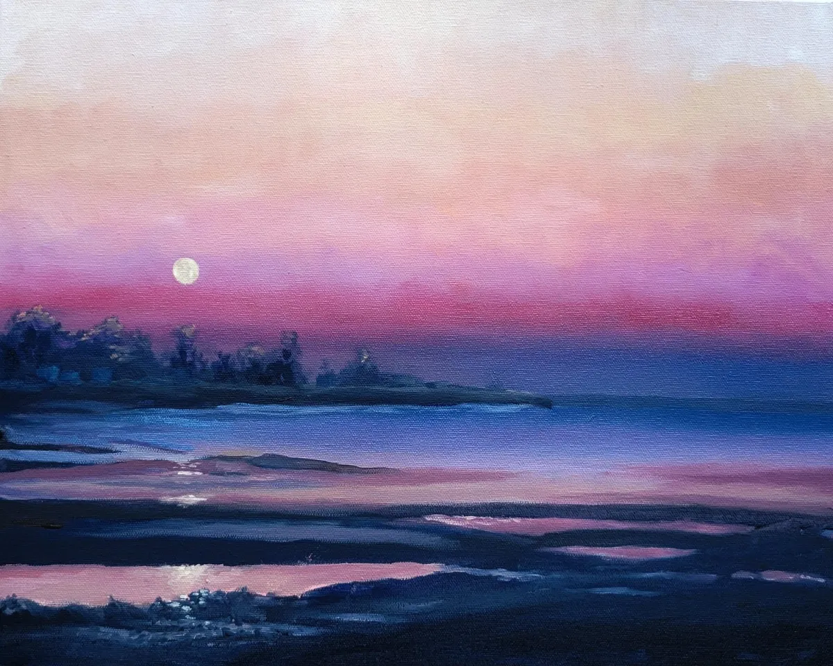 painting of a sunset sky and a full moon at the beach