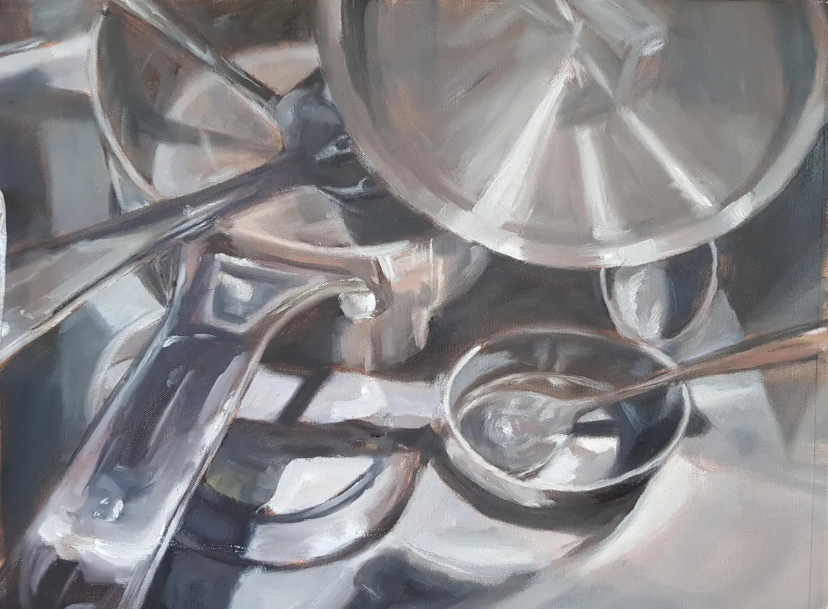 painting of stainless steel pots pans, and utensils
