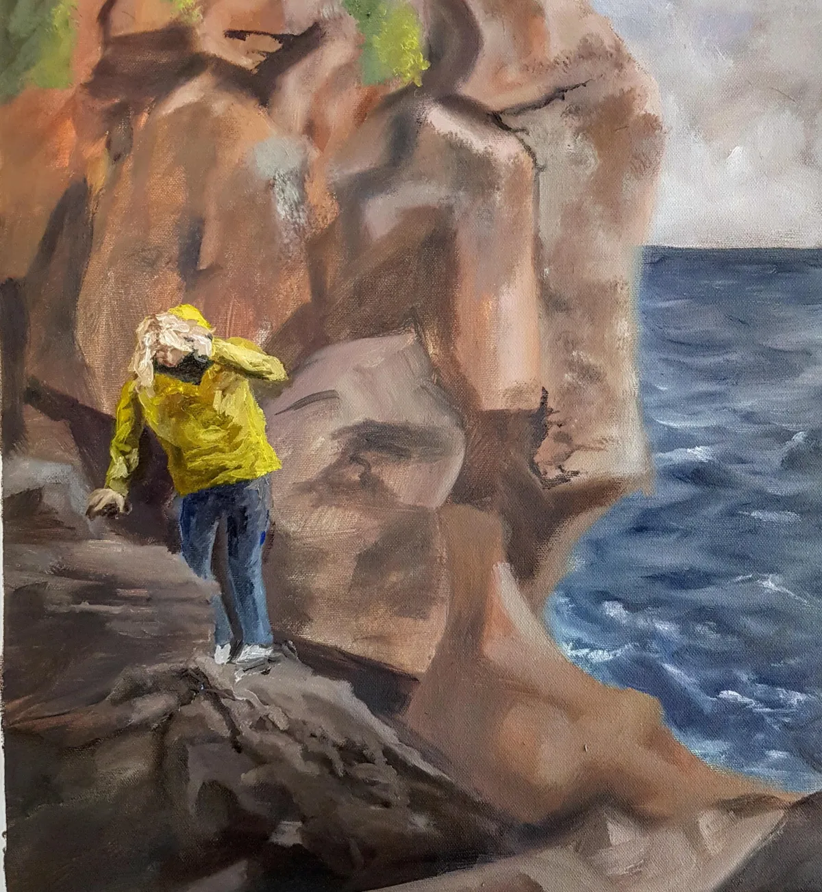 A painting of a person climbing the rocks on the Mallorca coastline