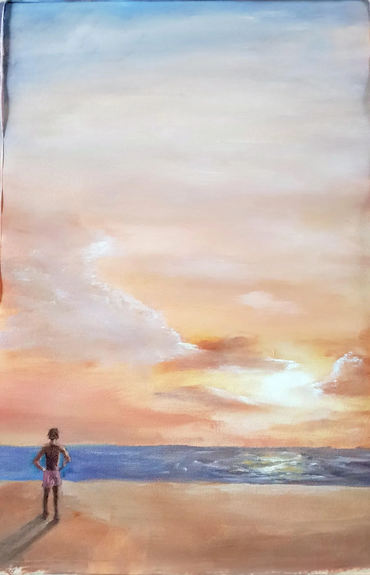 an oil painting of a man looking out at the sunset over the water