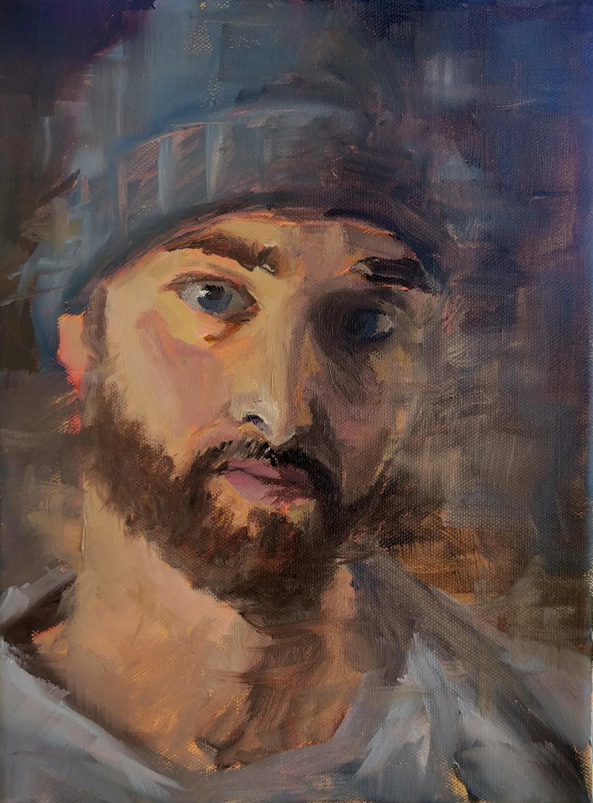 A portrait painting of a scruffy man with a serious and sombre expression 