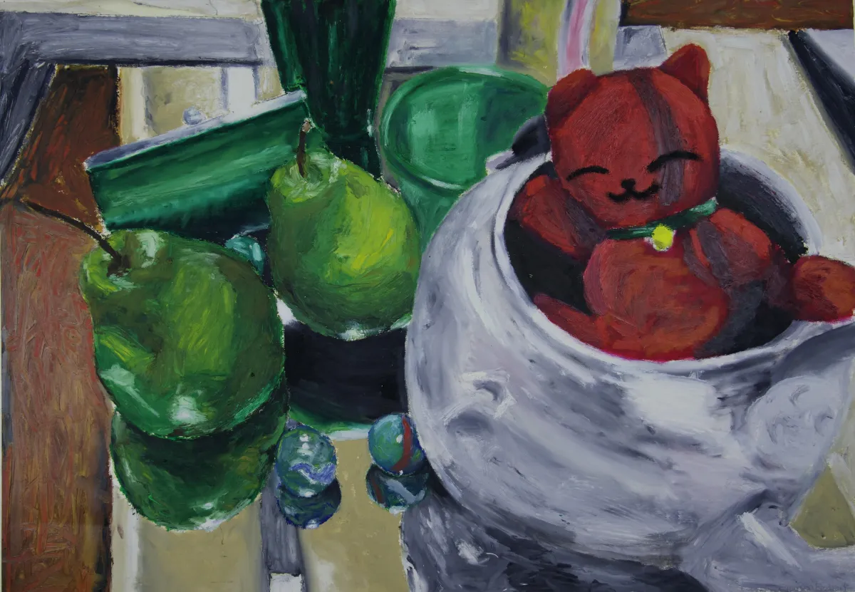 painting of a still life including a stuffed teddy bear and two pears