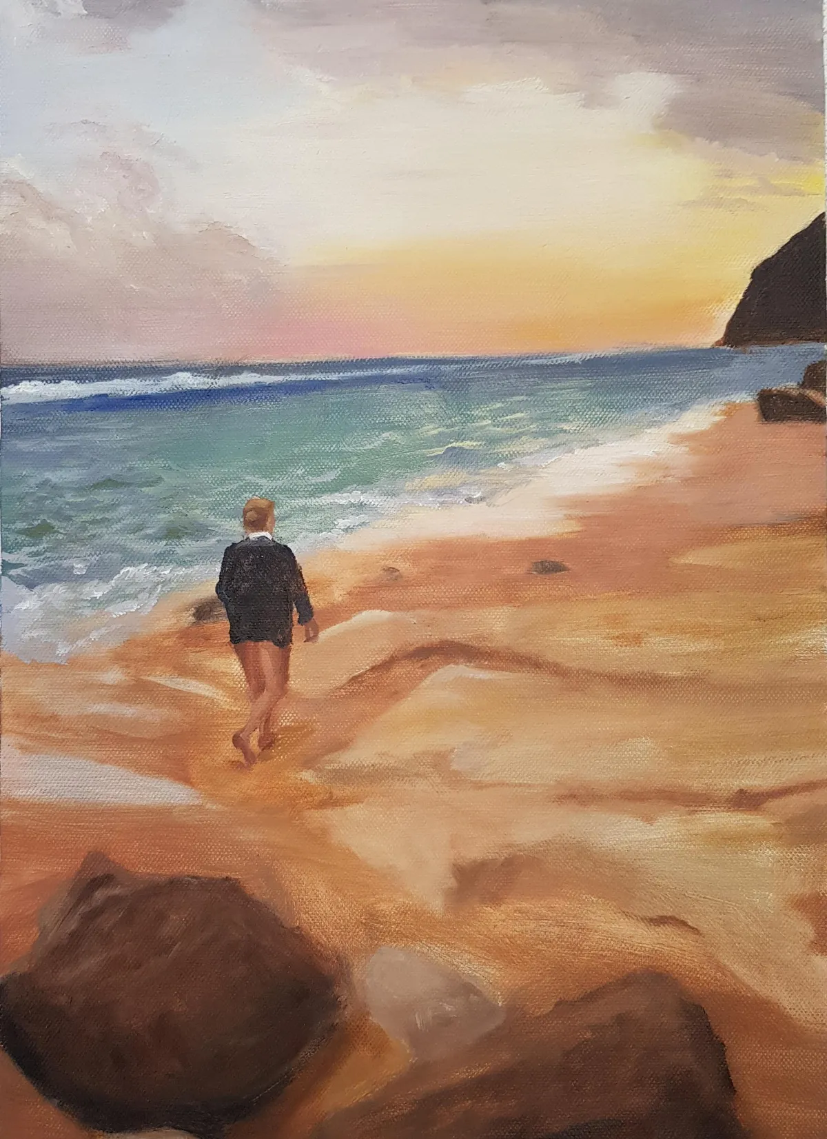 A painting of a girl walking the beach at sunset on a beach in Bali