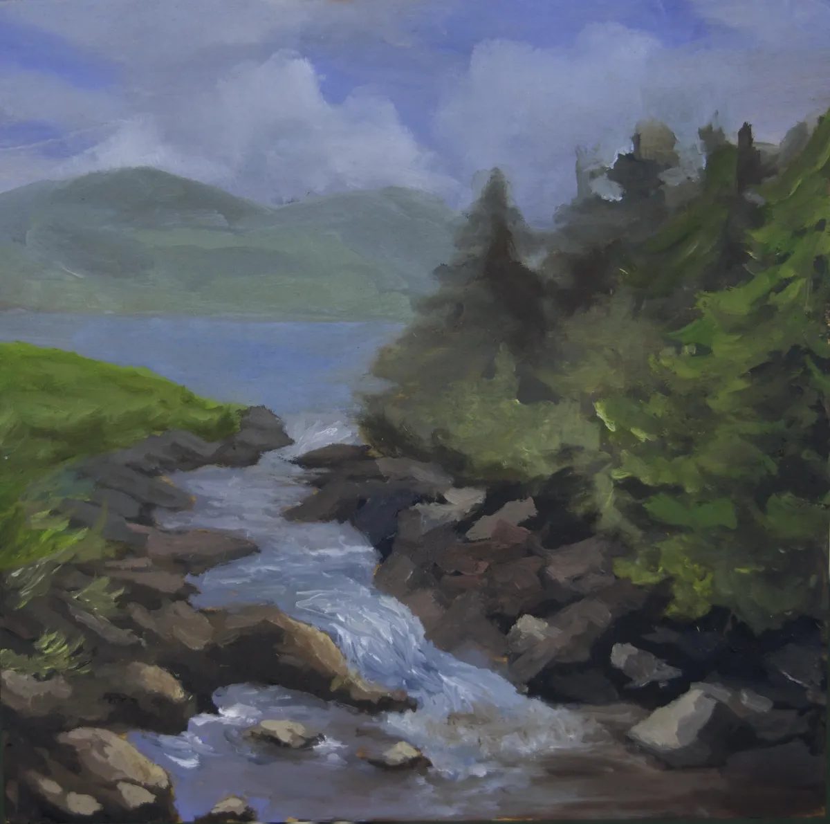 a painting of an Irish landscape with a lake, stream, and pine trees