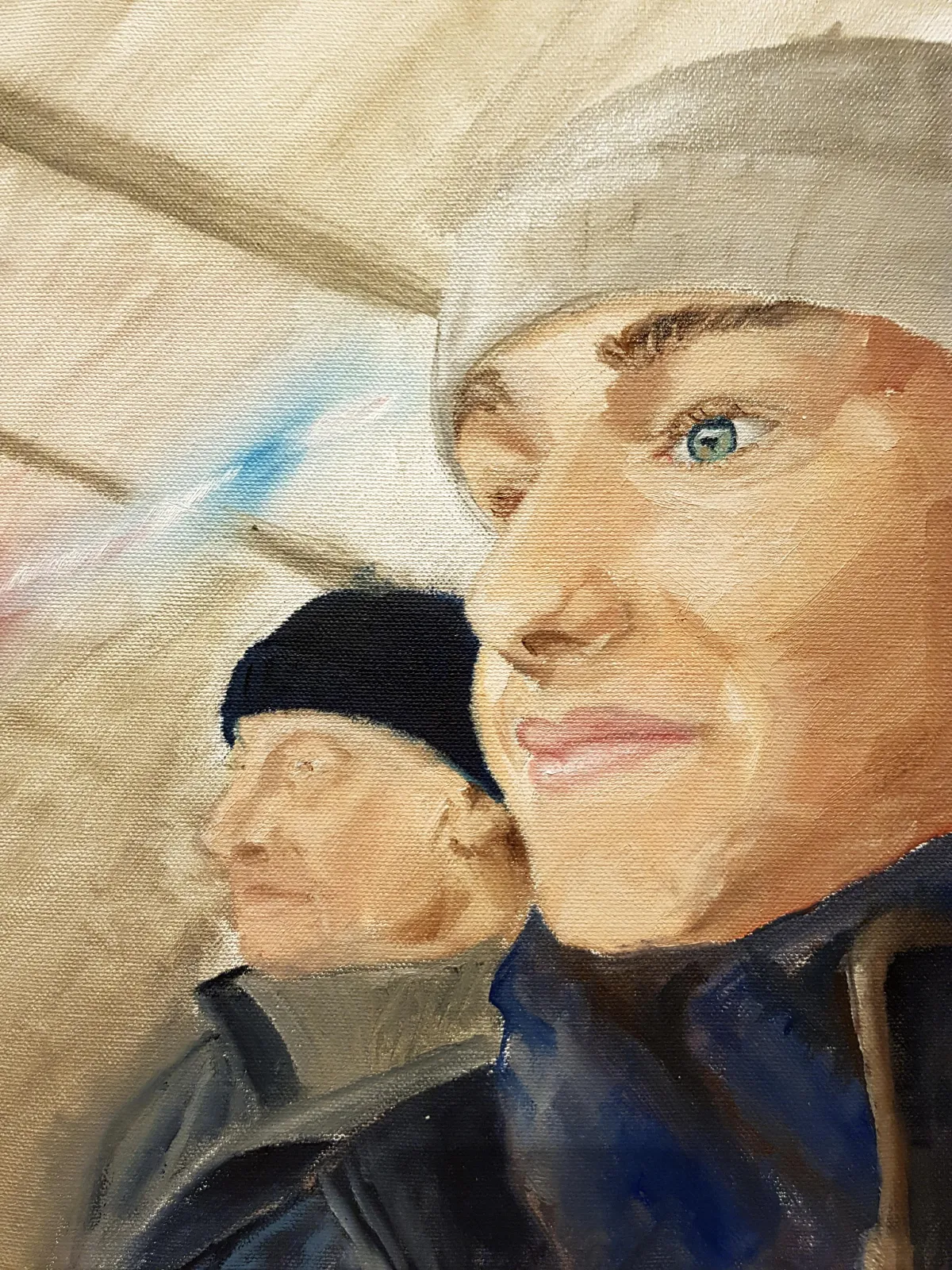 A portrait painting of two spectators watching a rugby match
