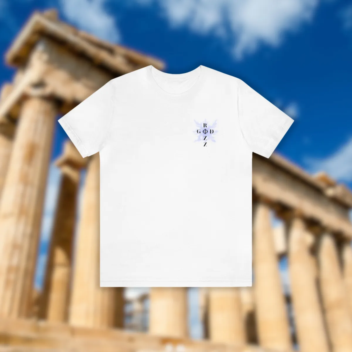 White tee with Rizz God V1 front off center design in front of Greek ruins