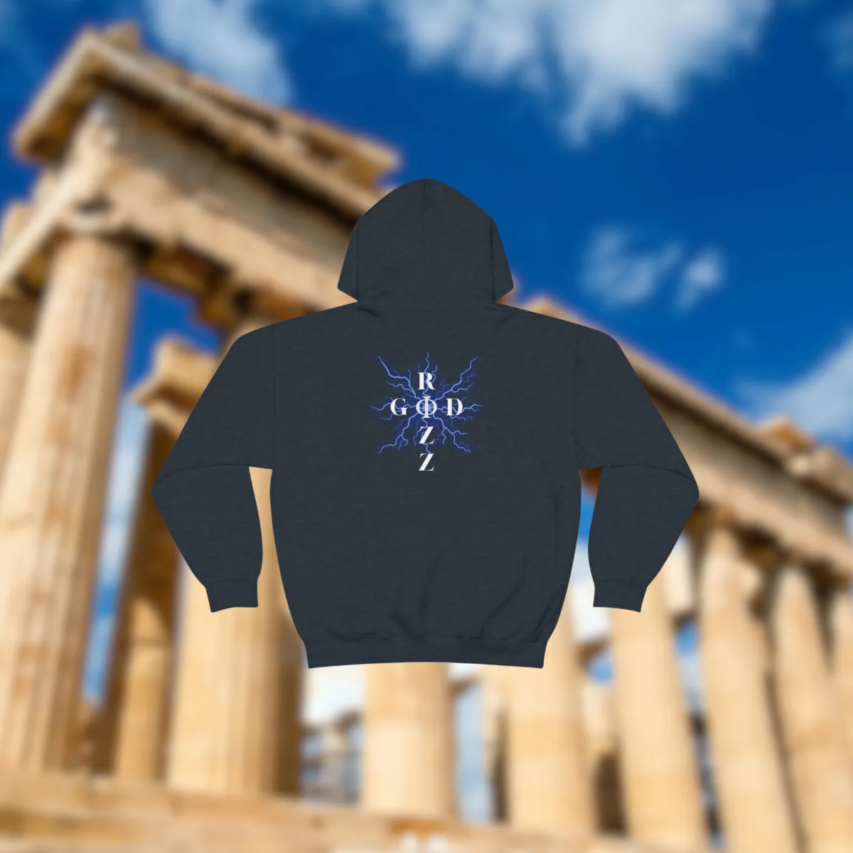 Heather Navy hoodie with Rizz God V1 large back design in front of Greek ruins