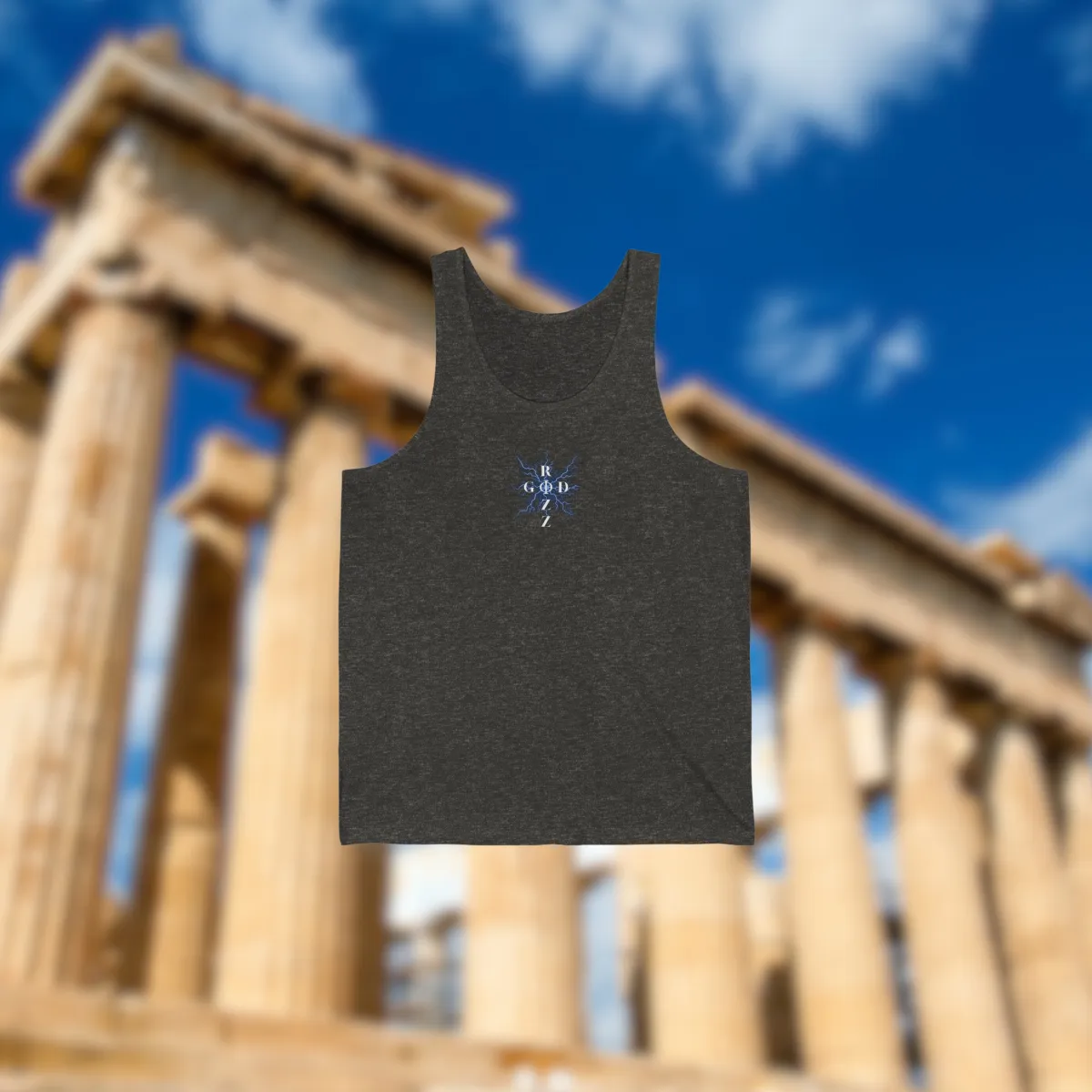 Heather Dark Grey tank top with Rizz God V1 front center design in front of Greek ruins