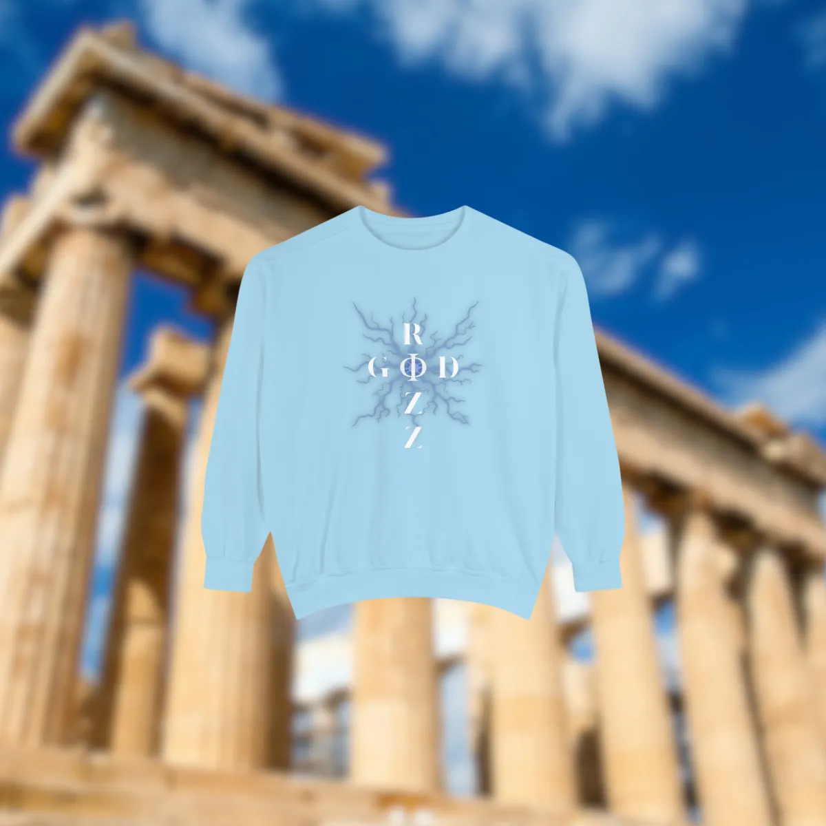 Chambray pullover sweater with Rizz God V1 large front center design in front of Greek ruins