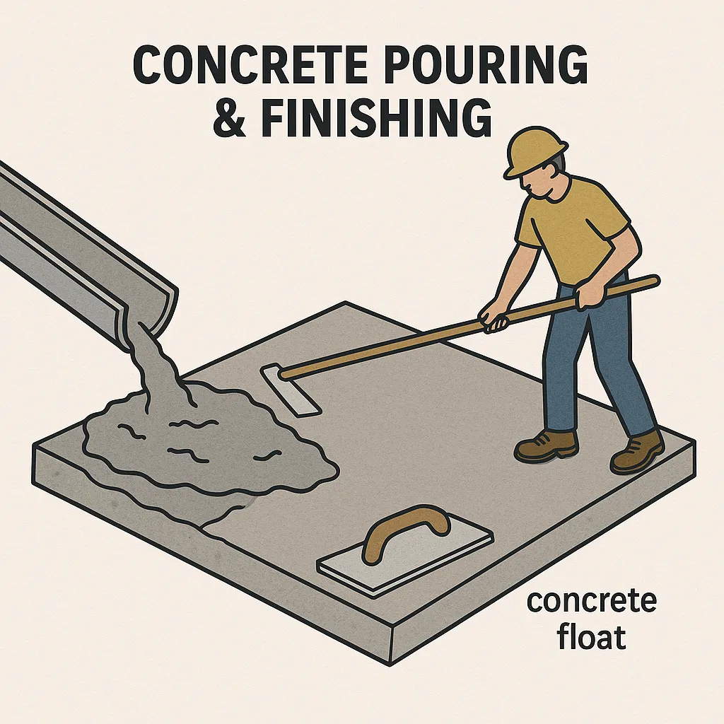 Concrete crew pouring and broom-finishing a patio slab with control joints