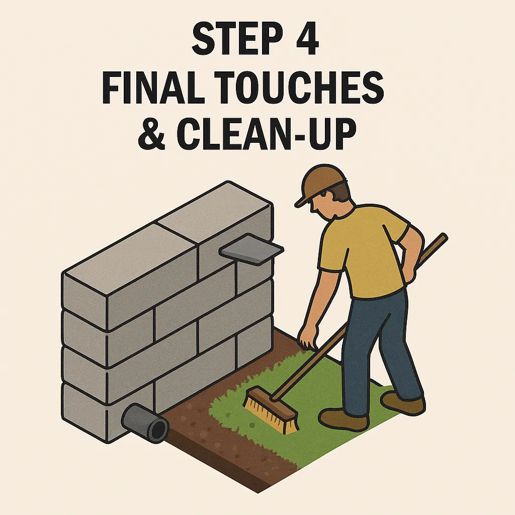 Worker capping wall and cleaning landscaped area.