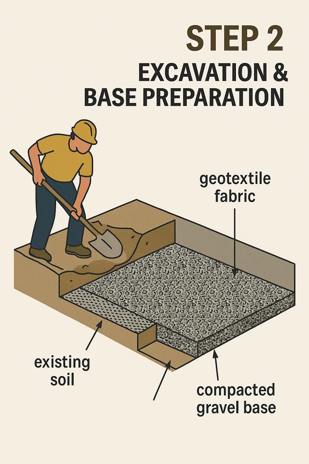 Worker excavating trench with gravel base and fabric.