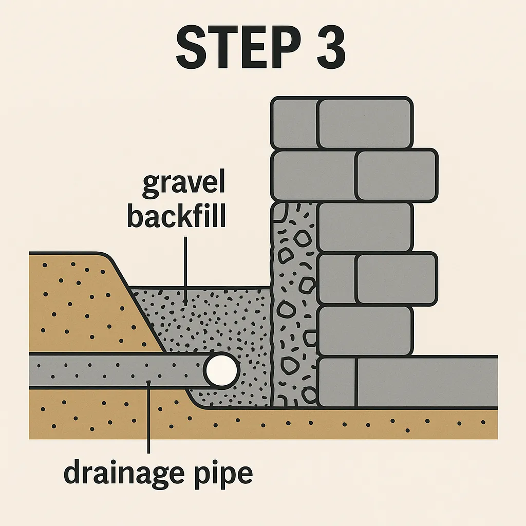 Retaining wall layers with drainage pipe and backfill.