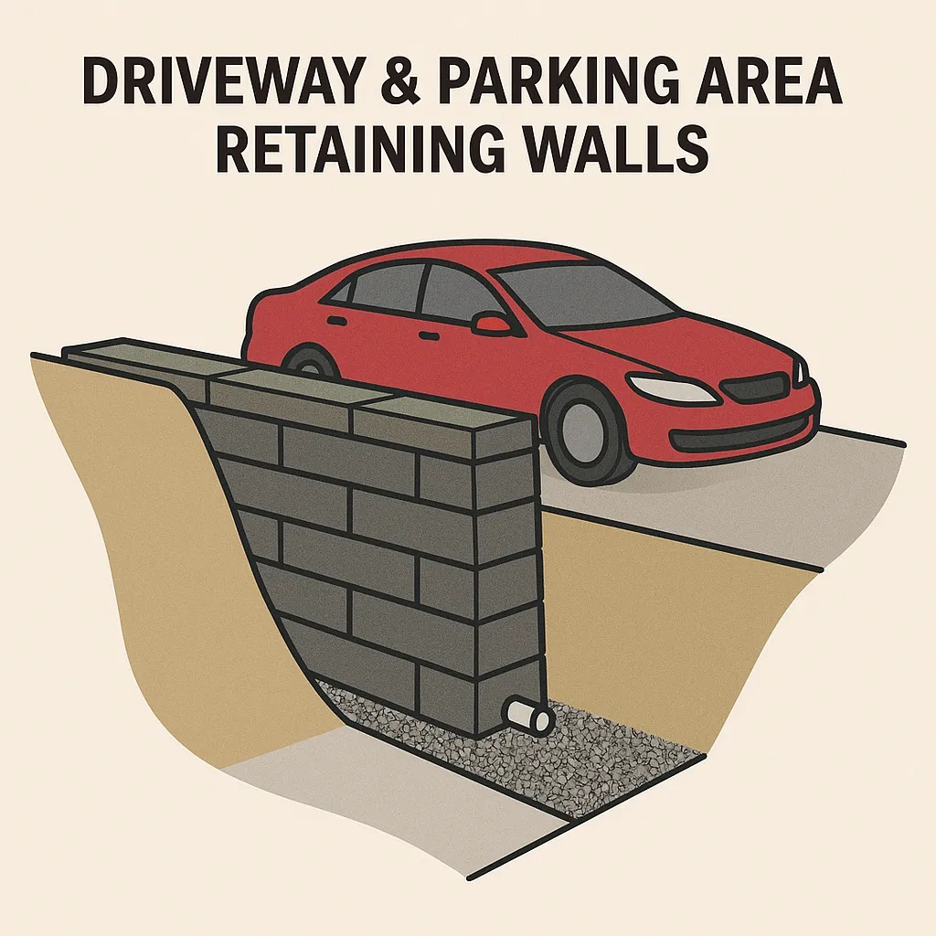 Retaining wall beside driveway with parked car
