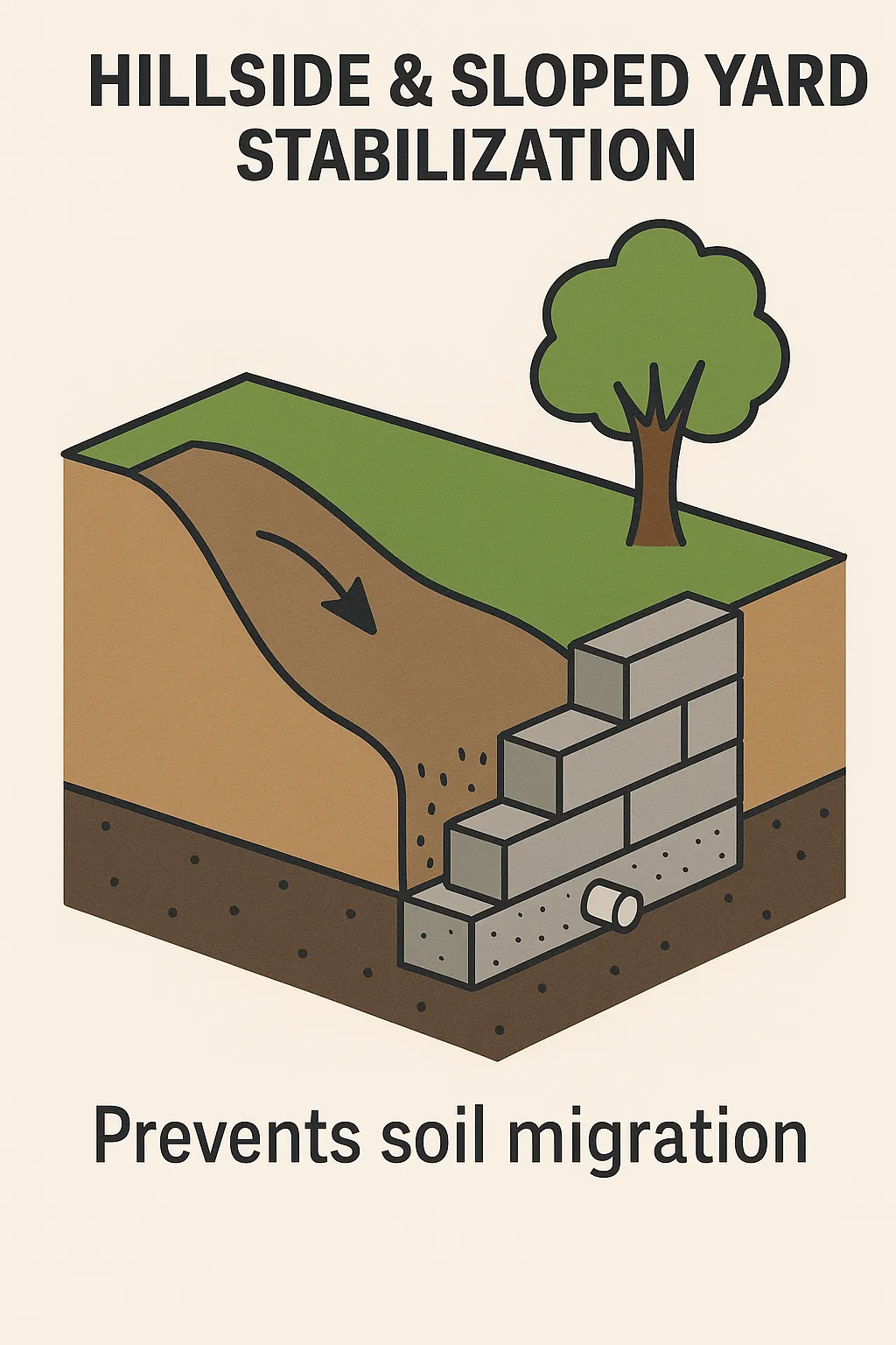 Wall securing sloped yard with tree above.