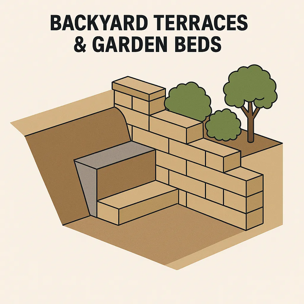Tiered garden with retaining walls and stairs.