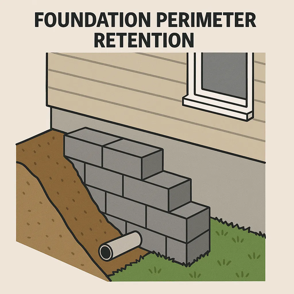 Wall protecting house foundation from soil shift.