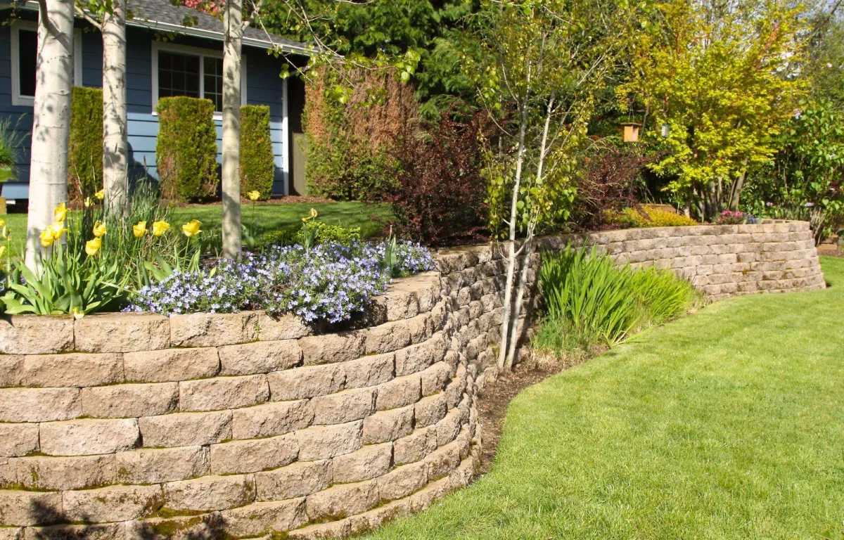 Stone retaining wall bordering a landscaped garden