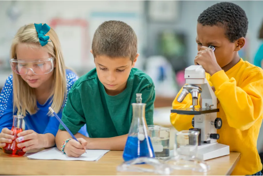 Boy picks paper out of different colored liquids