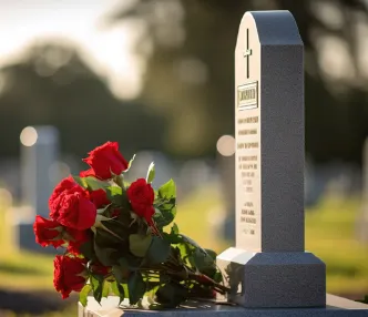 Calm cemetery landscape with granite headstones and trees at sunset
