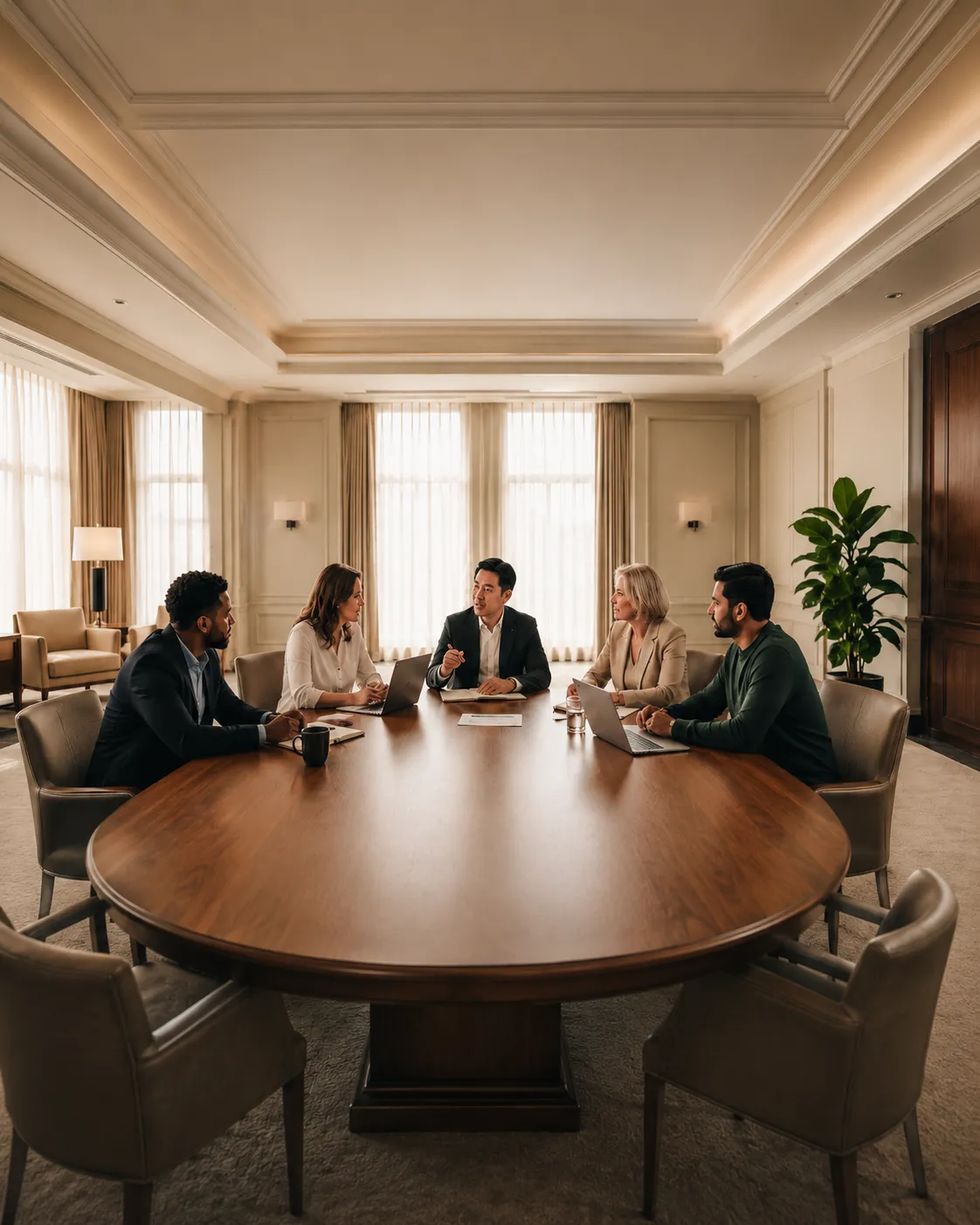 Multicultural healthcare professionals collaborating in a premium setting
