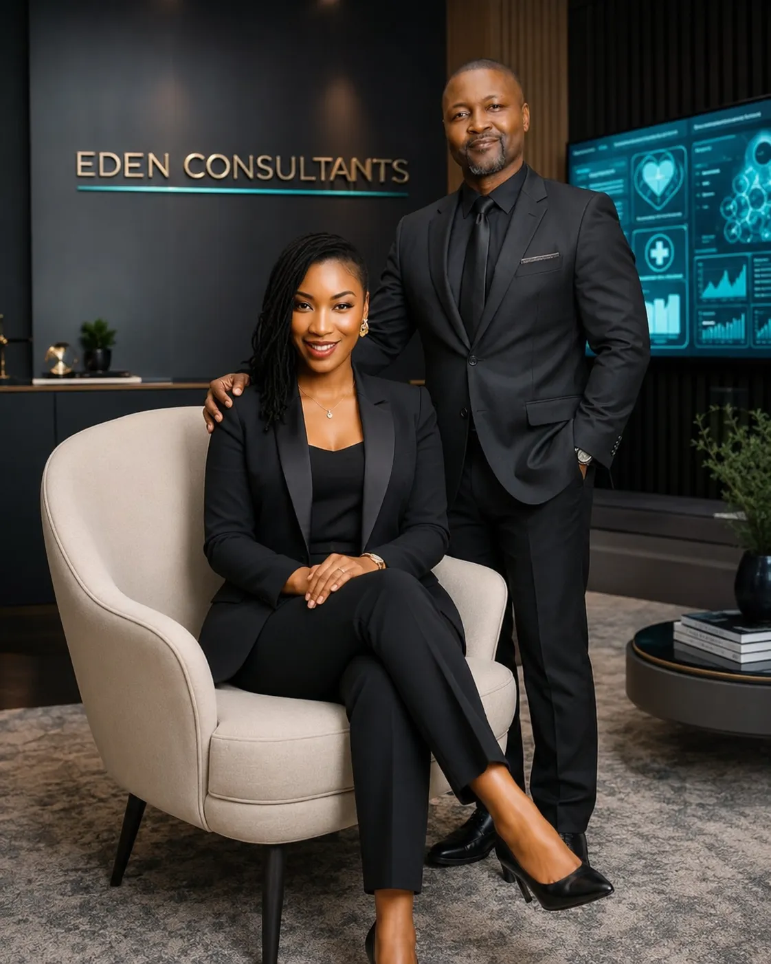 Portrait of Dr. Edward J. Davis and Cindy Davis in a high-tech office