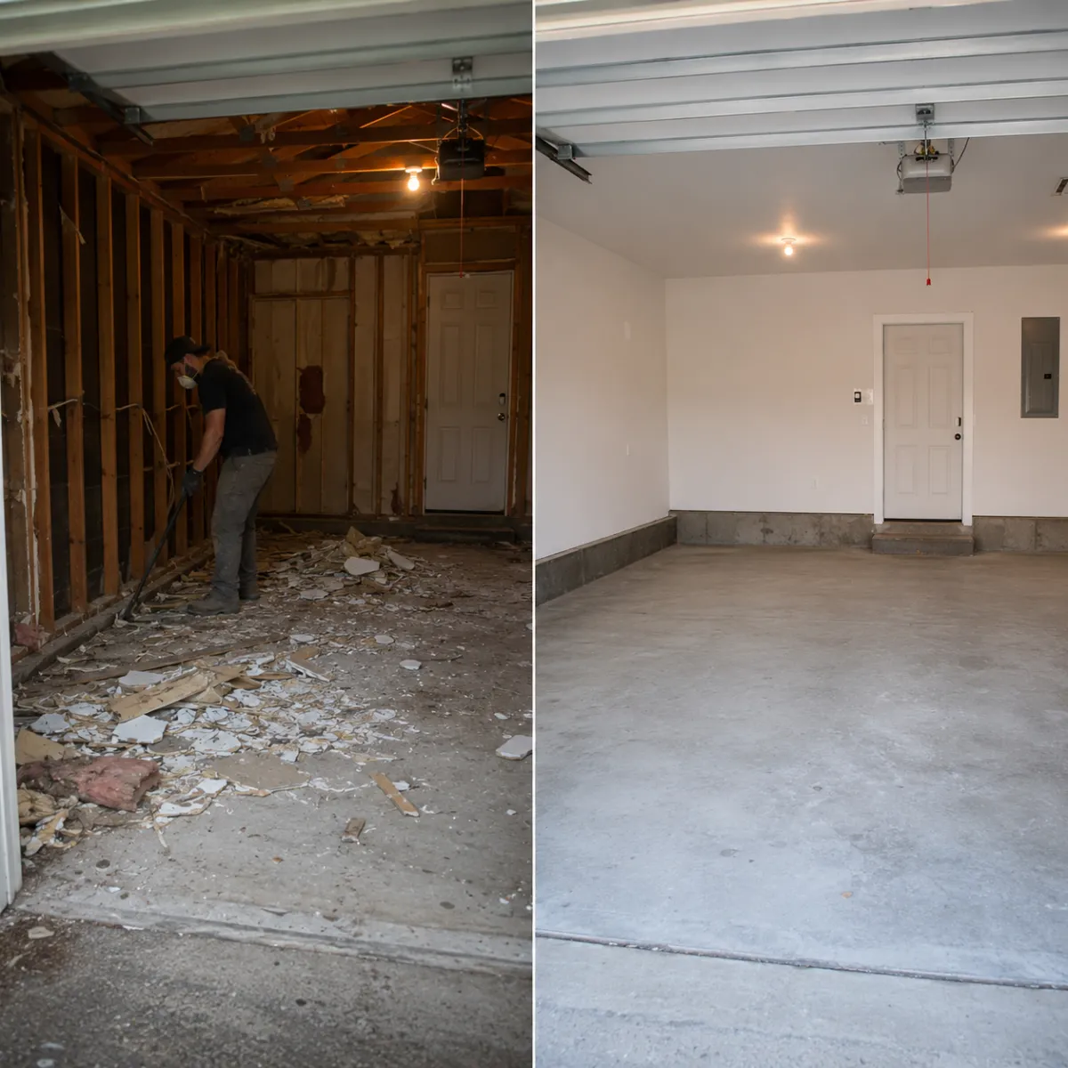Photo of a garage interior being stripped out