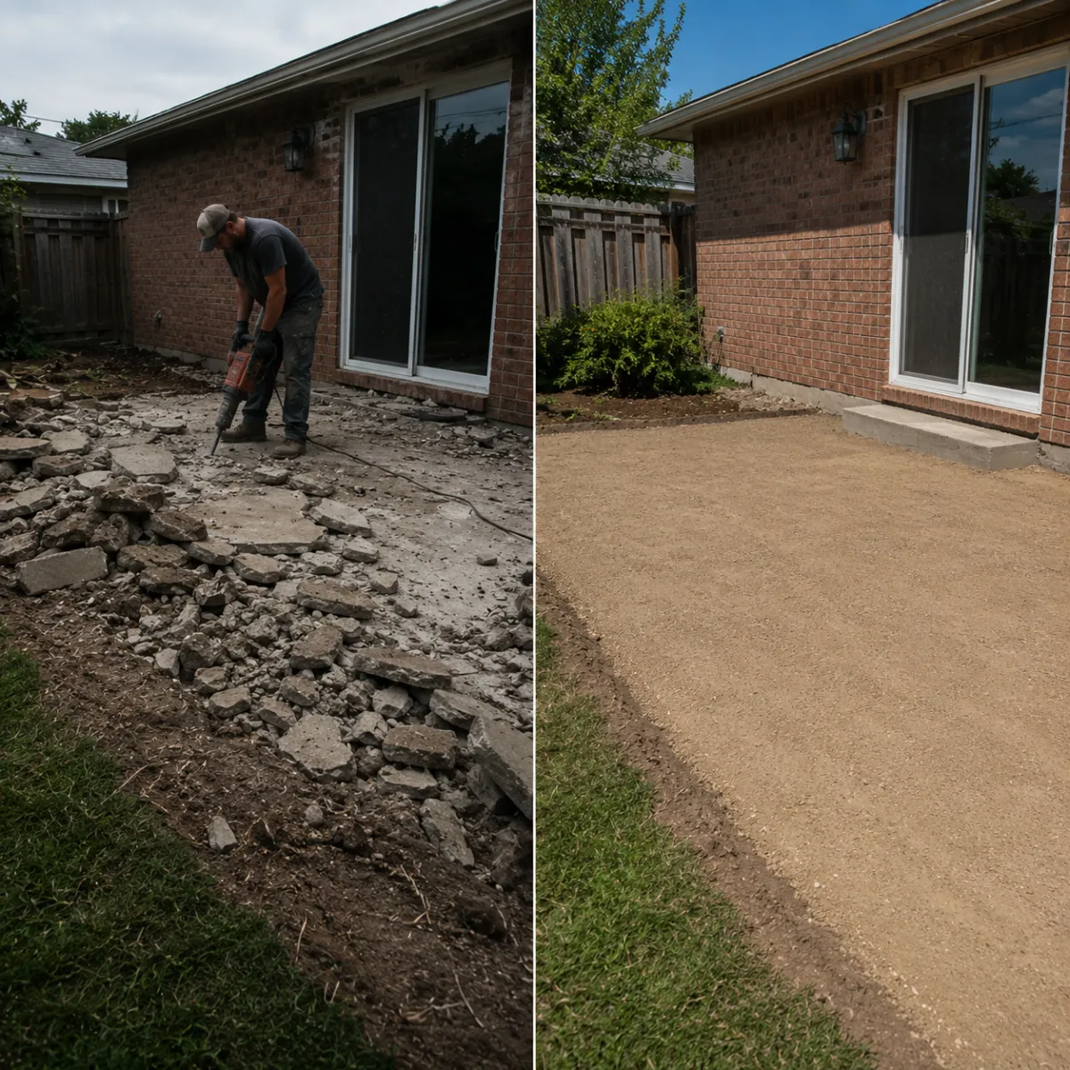 Photo of a concrete patio being broken up and removed