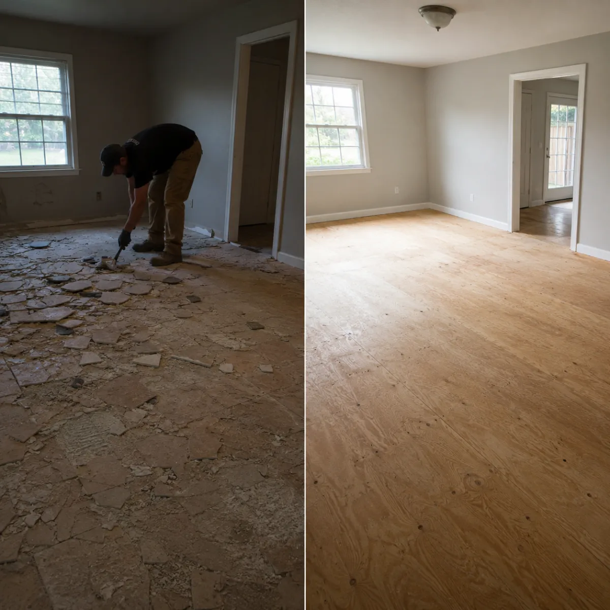 Photo of tile or flooring being ripped up
