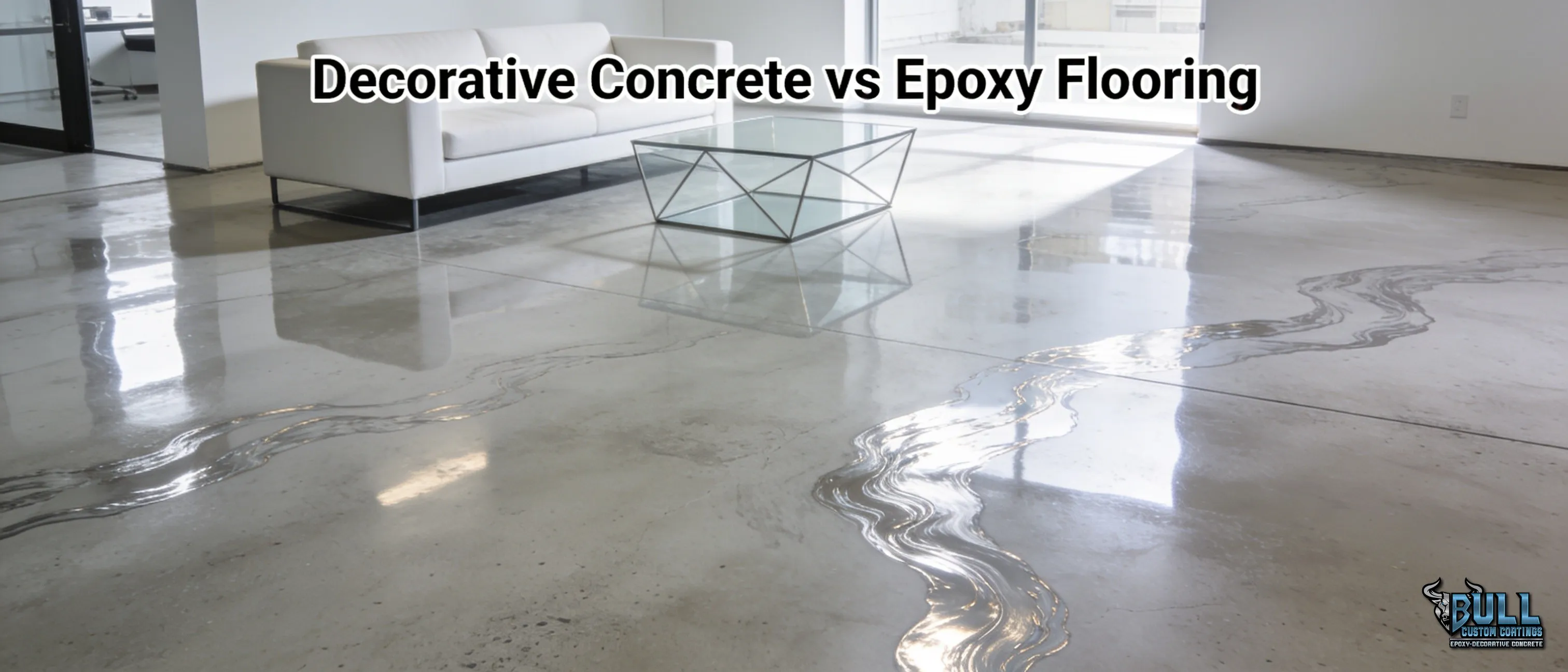 An epoxy floor with the Bull Custom Coatings logo in the bottom right and the heading "Decorative Concrete vs Epoxy Flooring" at the top